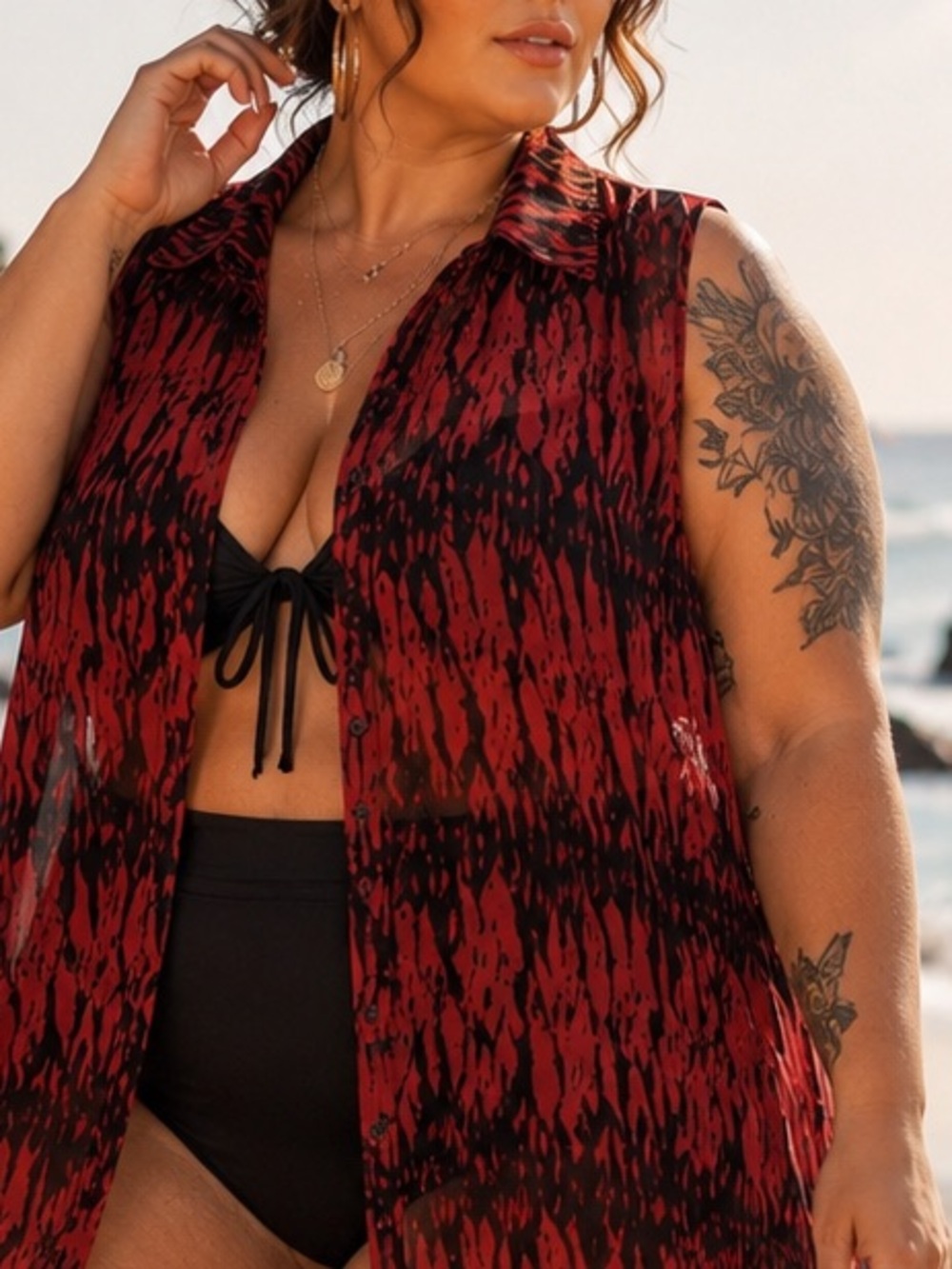 MBLM Tess Holliday Sheer High Low Button Front Duster Cover Up 2X Boho